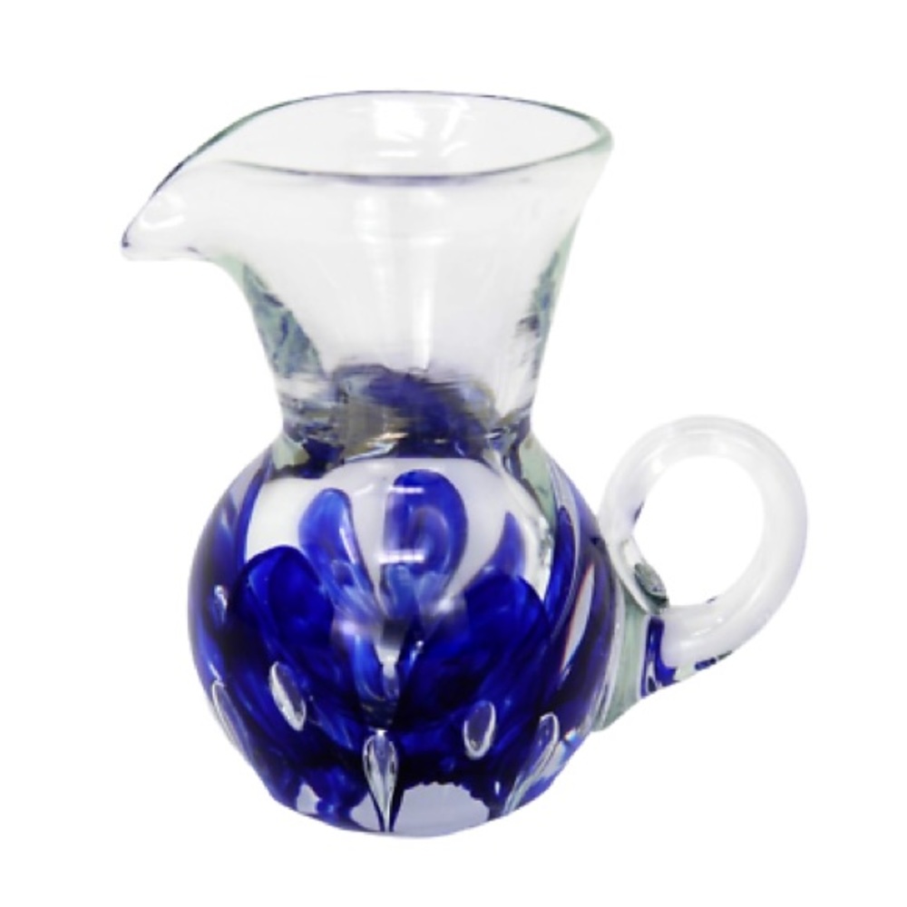 Handmade Zimmerman Clear w Cobalt Blue Flower Paperweight Pitcher Vase creamer
